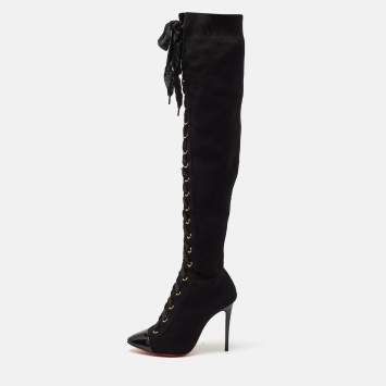 Pre Owned Christian Louboutin Black Knit Fabric Ronfifi Supra Sock Boots Size 34