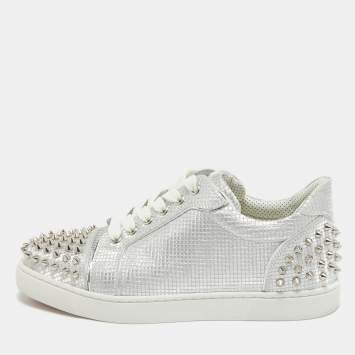 Pre Owned Christian Louboutin Silver Fabric Vieira 2 Spikes Sneakers Size 39.5