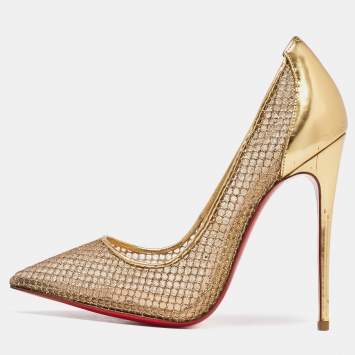 Pre Owned Christian Louboutin Gold Glitter Mesh and Leather Fishnet Pointed Toe Pumps Size 36