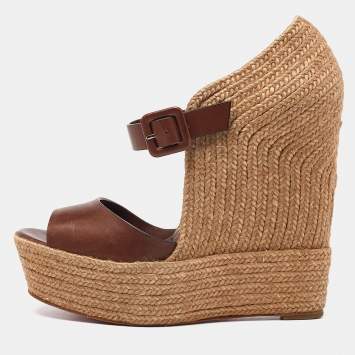 Pre Owned Christian Louboutin Brown/Beige Leather And Jute Praia Wedge Espadrille Platform Ankle Strap Sandals Size 40