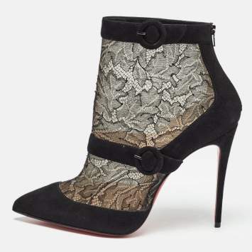 Pre Owned Christian Louboutin Black Suede and Lace Boteboot Booties Size 39.5