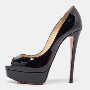 Pre Owned Christian Louboutin Black Patent Leather Lady Peep Pumps Size 37.5