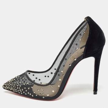 Pre Owned Christian Louboutin Black Mesh and Velvet Follies Strass Pumps Size 36