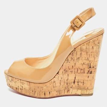 Pre Owned Christian Louboutin Beige Patent Leather Une Plume Slingback Pumps Size 39