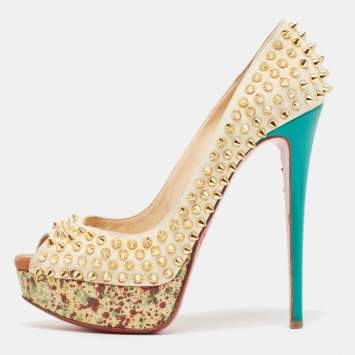 Pre Owned Christian Louboutin Cream Suede Lady Peep Spikes Pumps Size 38.5