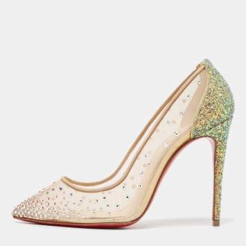 Pre Owned Christian Louboutin Beige/Metallic Mesh and Glitter Follies Strass Pumps Size 36