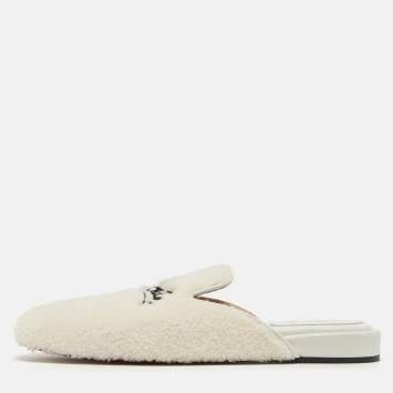 Pre Owned Christian Louboutin White Fur Coolito Donna Flat Mules Size 39.5