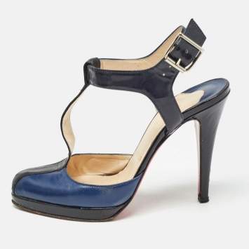 Pre Owned Christian Louboutin Black/Blue Leather T-Bar Ankle Strap Pumps Size 36.5