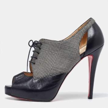 Pre Owned Christian Louboutin Black/White Leather And Tartan Fabric Platform Oxford Booties Size 39.5