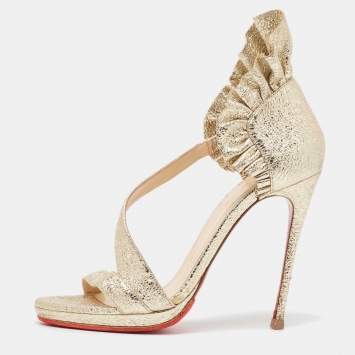 Pre Owned Christian Louboutin Gold Texture Leather Ruffle Embellishment Sandals Size 37