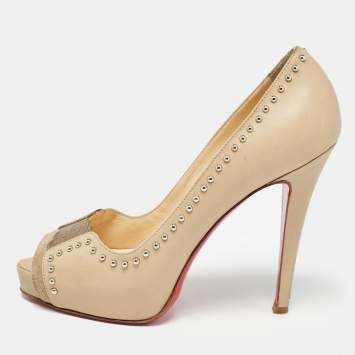Pre Owned Christian Louboutin Beige Leather and Suede Open Toe  Pumps Size 37.5