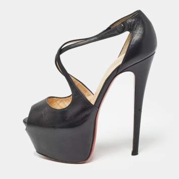 Pre Owned Christian Louboutin Black Leather Exagona Sandals Size 37.5