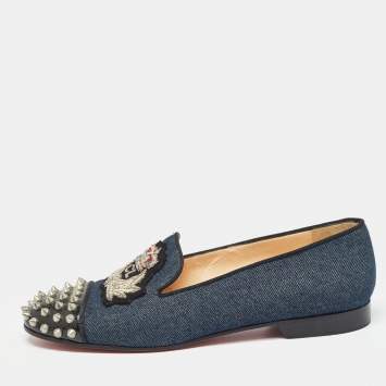 Pre Owned Christian Louboutin Blue Denim Spike Smoking Slippers Size 38.5