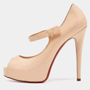 Pre Owned Christian Louboutin Beige Patent Leather Alta Mary Jane Platform Peep Toe Pumps Size 37
