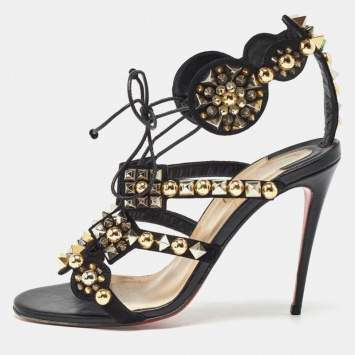Pre Owned Christian Louboutin Black Suede and Leather Kaleikita  Sandals Size 37.5