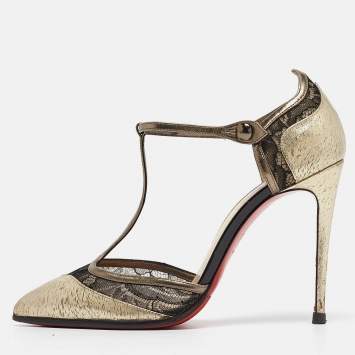 Pre Owned Christian Louboutin Gold Leather Pointed Toe Pumps Size 36.5