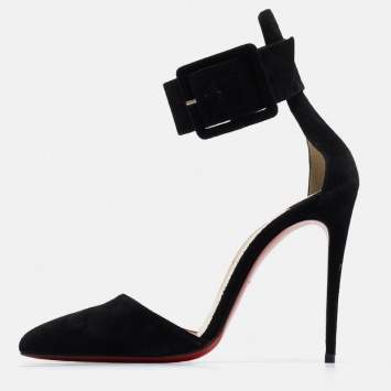 Pre Owned Christian Louboutin Black Suede Harler Ankle Strap Pumps Size 37