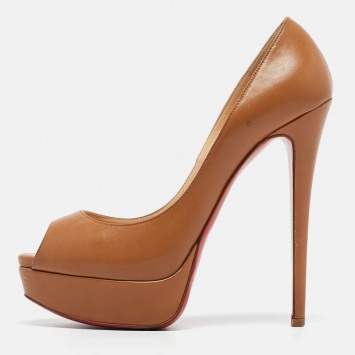 Pre Owned Christian Louboutin Brown Leather Lady Peep Pumps Size 37.5