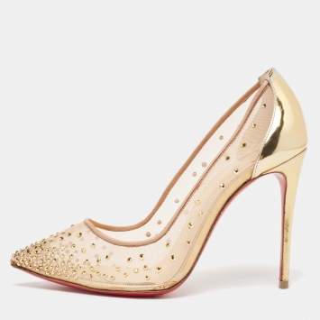 Pre Owned Christian Louboutin Gold/Beige Mesh Follies Strass  Pumps Size 36.5