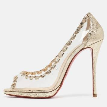 Pre Owned Christian Louboutin Gold PVC and Texture Leather Pumps Size 39