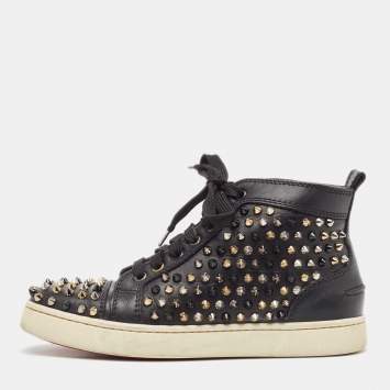 Pre Owned Christian Louboutin Black Leather Louis Spikes Sneakers Size 37.5