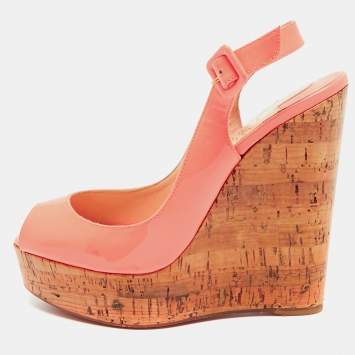 Pre Owned Christian Louboutin Neon Peach Patent Leather Une Plume Wedge Slingback Pumps Size 38