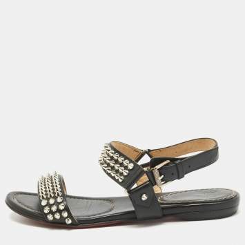 Pre Owned Christian Louboutin Black Leather Bikee Bike Spikes Flat Sandals Size 37