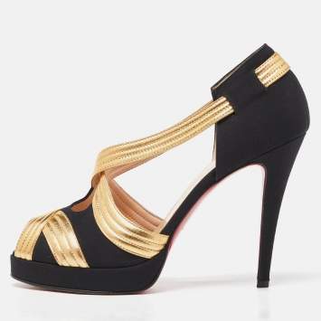 Pre Owned Christian Louboutin Black/Gold Fabric and Leather Josefa Platform Pumps Size 39.5