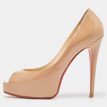 Pre Owned Christian Louboutin Beige Patent Leather Vendome Peep Toe Platform Pumps Size 39
