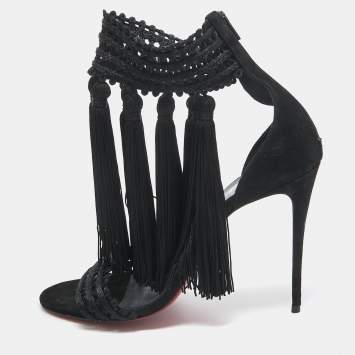 Pre Owned Christian Louboutin Black Lace and Suede Palma Macrame Sandals Size 40