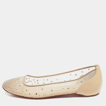 Pre Owned Christian Louboutin Beige Crystal Embellished Mesh Square Toe Ballet Flats Size 38.5