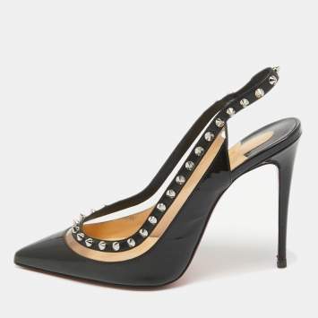 Pre Owned Christian Louboutin Black Patent Leather and PVC Brigadine Spike Slingback Sandals Size 38