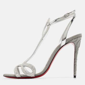 Pre Owned Christian Louboutin Silver Leather Crystal Embellished Double L Sandals Size 39