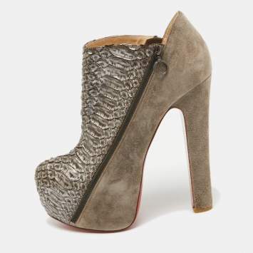 Pre Owned Christian Louboutin Metallic Python and Suede 4A Booties Size 38.5