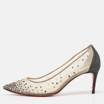 Pre Owned Christian Louboutin Black Glitter Fabric and Mesh Follies Strass Pumps Size 38.5