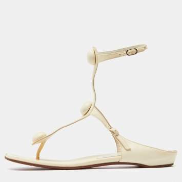 Pre Owned Christian Louboutin Cream Leather Thong Ankle Strap Flat Sandals Size 38.5