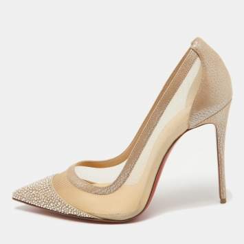 Pre Owned Christian Louboutin Beige Laminated Suede and Mesh Galativi Strass Pumps Size 39.5