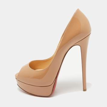 Pre Owned Christian Louboutin Beige Patent Leather Lady Peep Pumps Size 38