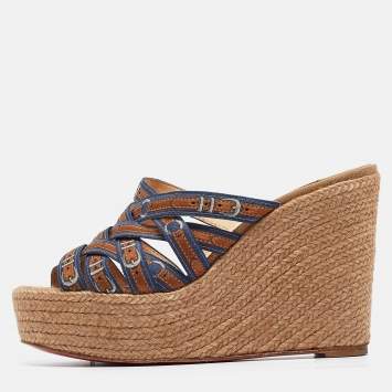 Pre Owned Christian Louboutin Blue/Brown Print Fabric Crepon Wedge Espadrilles Size 36