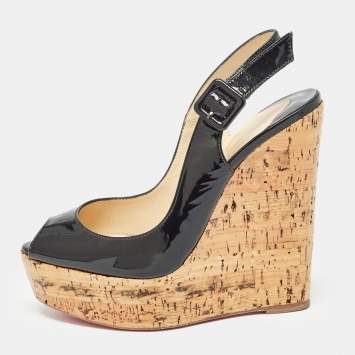 Pre Owned Christian Louboutin Black Patent Leather Une Plume Wedge Sandals Size 35
