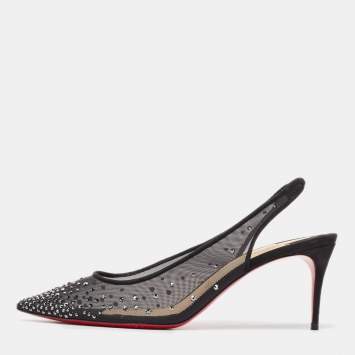 Pre Owned Christian Louboutin Black Mesh Follies Strass Slingback Pumps Size 39.5
