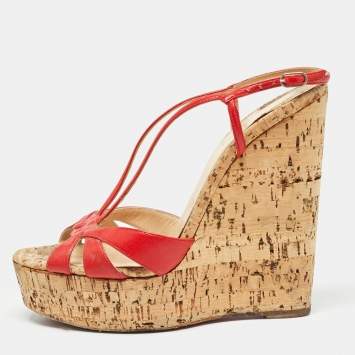 Pre Owned Christian Louboutin Red Leather Strappy Cork Wedge Sandals Size 38.5