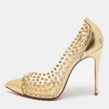 Pre Owned Christian Louboutin Gold Leather and PVC Spike Me Pumps Size 37