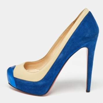 Pre Owned Christian Louboutin Blue/Light Yellow Suede and Leather Pumps Size 36