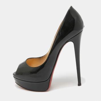 Pre Owned Christian Louboutin Black Patent Leather Lady Peep Pumps Size 39.5