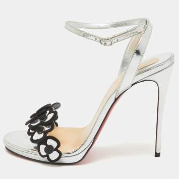 Pre Owned Christian Louboutin Silver Leather Pansy Queen Sandals Size 39.5
