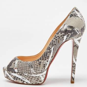 Pre Owned Christian Louboutin Grey/Silver Python Lady Peep Toe Platform Pumps Size 38.5