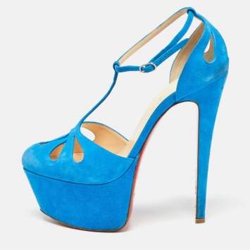 Pre Owned Christian Louboutin Blue Suede Mayada T-Strap Pumps Size 37.5
