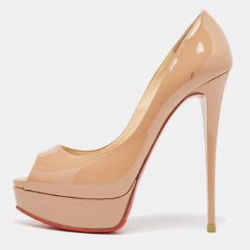 Pre Owned Christian Louboutin Beige Patent Leather Lady Peep Pumps Size 38.5