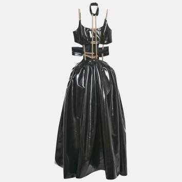 Christopher Kane Black Faux Leather Cut-Out Strap Detail Maxi Dress S 